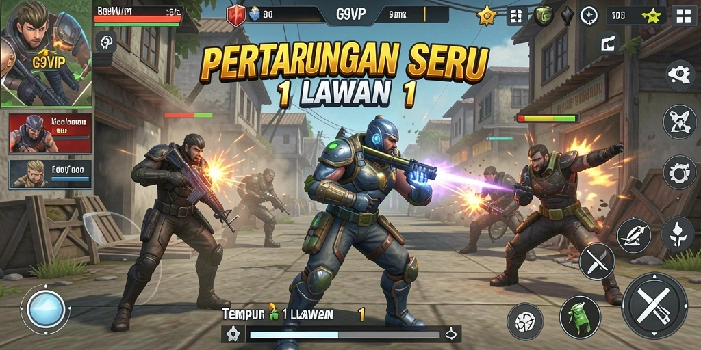 Antarmuka G9VIP dengan pertarungan satu lawan satu yang dramatis.