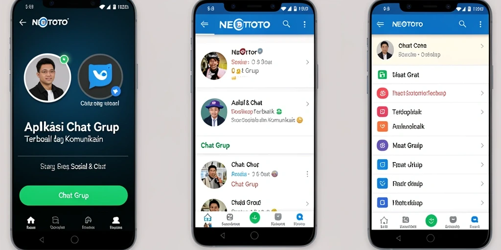Screenshot aplikasi NEOTOTO menunjukkan antarmuka grup chat yang menarik dan interaktif.